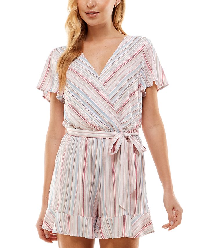 Bebop Junior's Striped Ruffle Hem Romper Beige Size X-Large