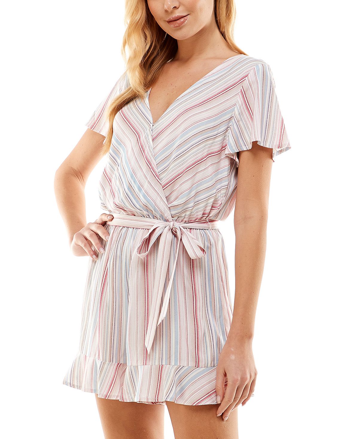 Bebop Junior's Striped Ruffle Hem Romper Beige Size X-Large