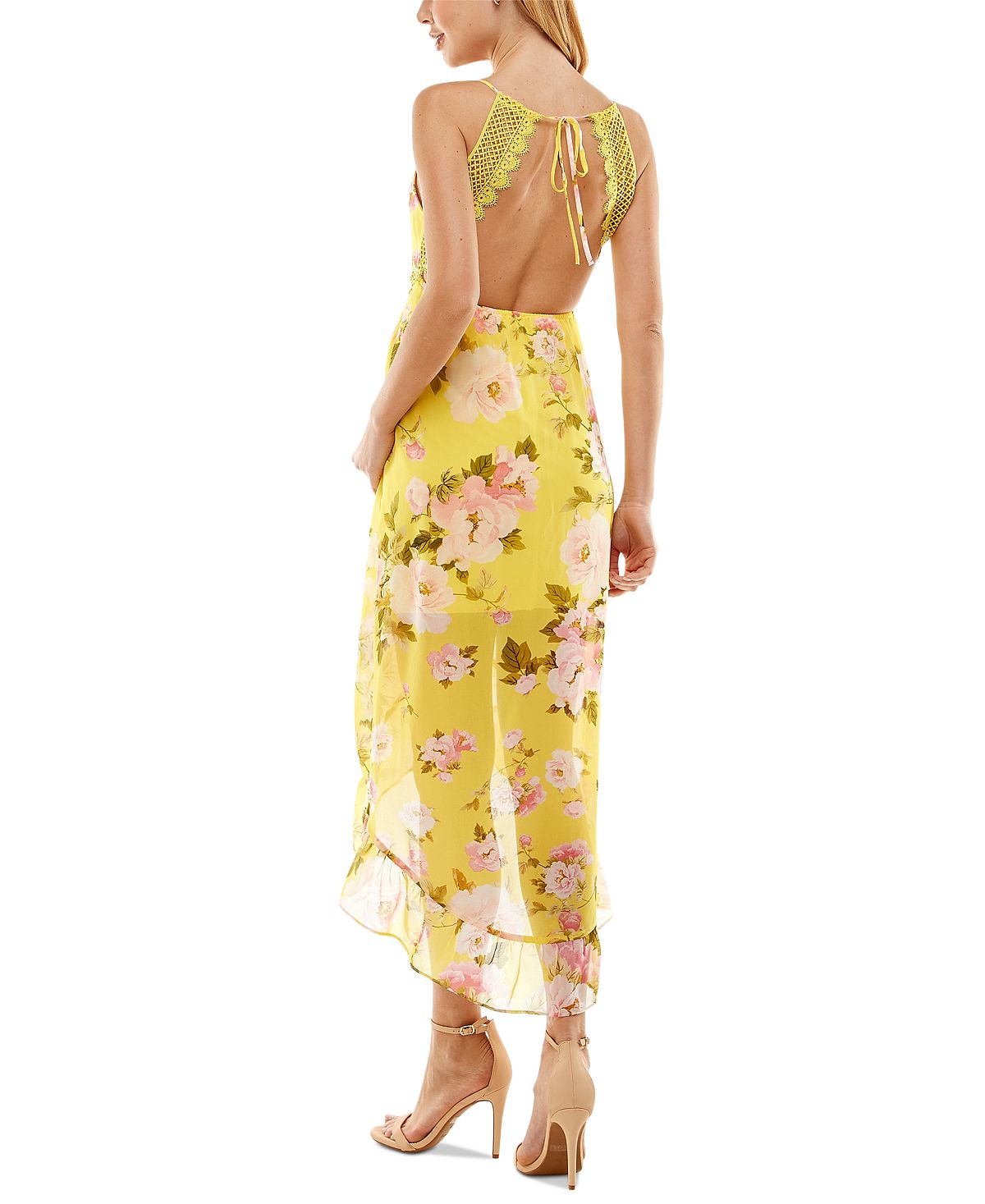 City Studios Women's Floral Printed Hi Low Midi Dress Yellow Size Large