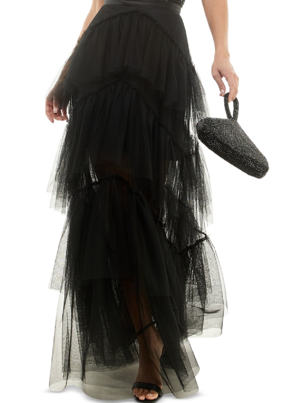 City Studios Junior's Off The Shoulder Tiered Mesh Gown Black Size 15