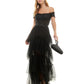 City Studios Junior's Off The Shoulder Tiered Mesh Gown Black Size 15
