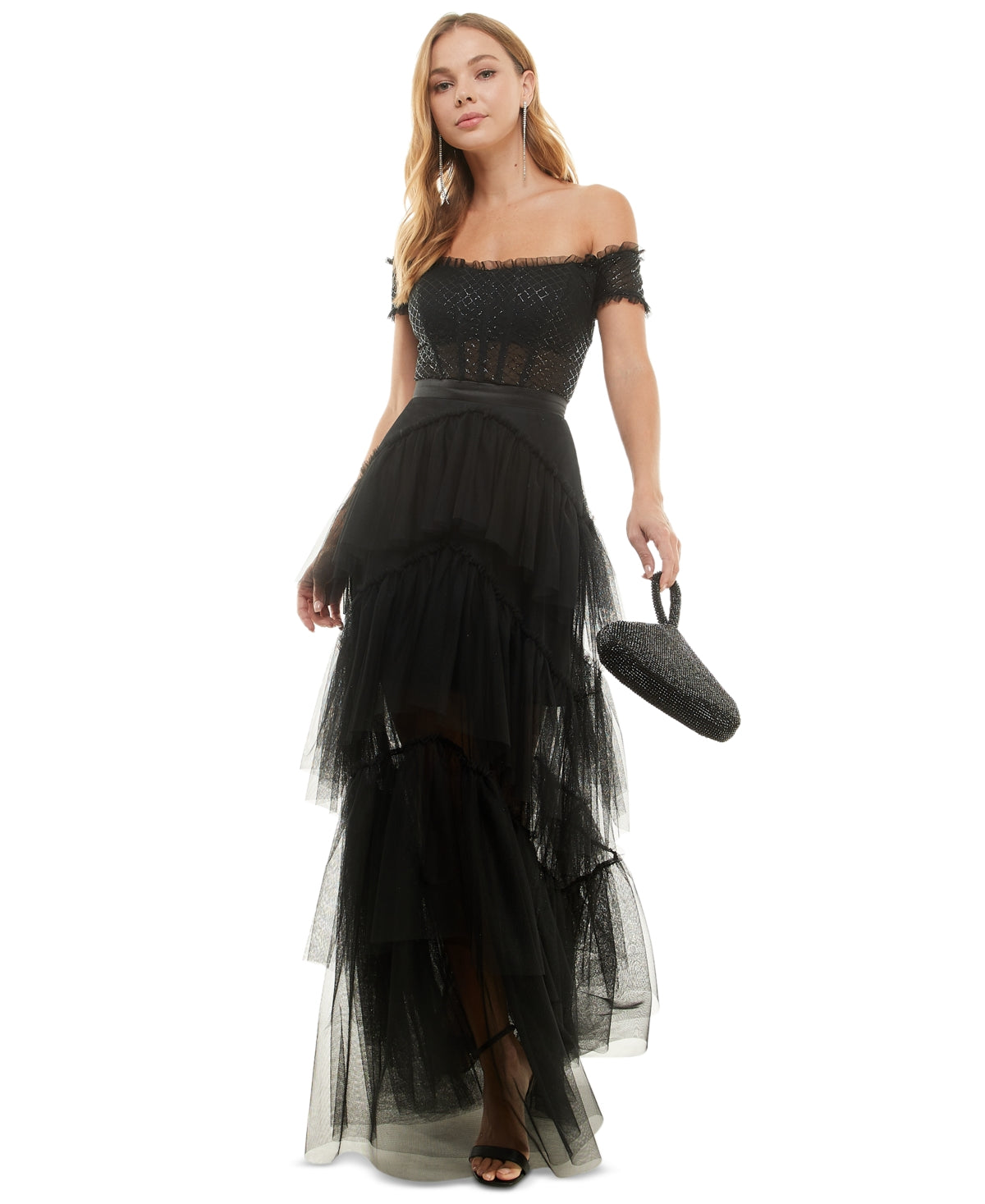 City Studios Junior's Off The Shoulder Tiered Mesh Gown Black Size 15