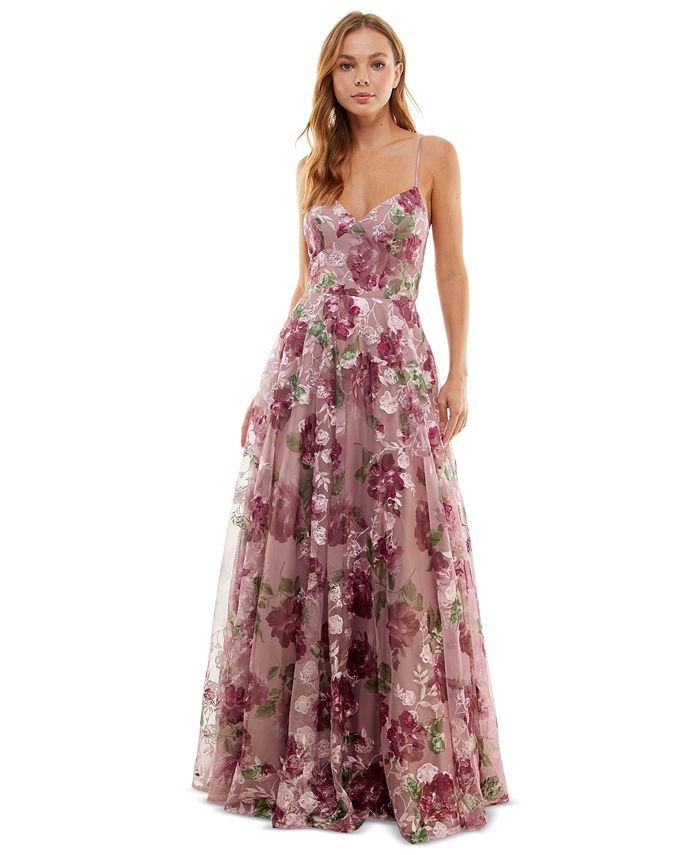 Say Yes To The Prom Junior's Embroidered Floral Lace Up Gown Purple Size 15