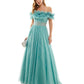 Say Yes To The Prom Junior's Off The Shoulder Ruffled Glitter Gown Green Size 13