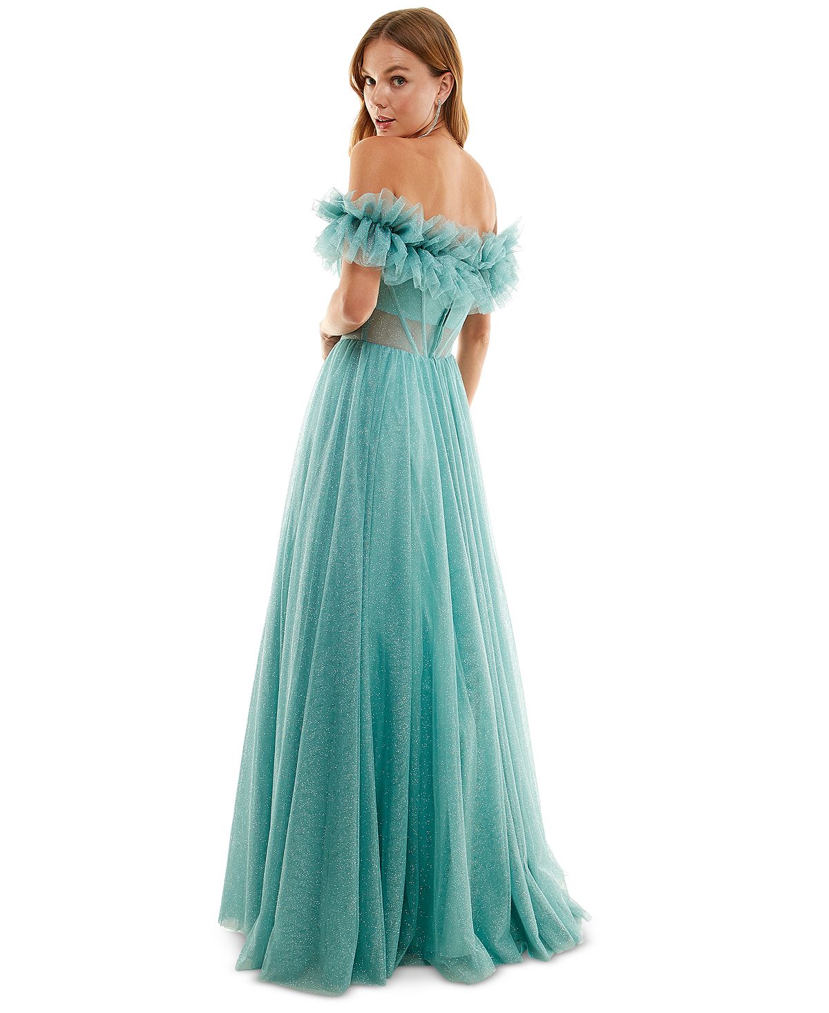 Say Yes To The Prom Junior's Off The Shoulder Ruffled Glitter Gown Green Size 13