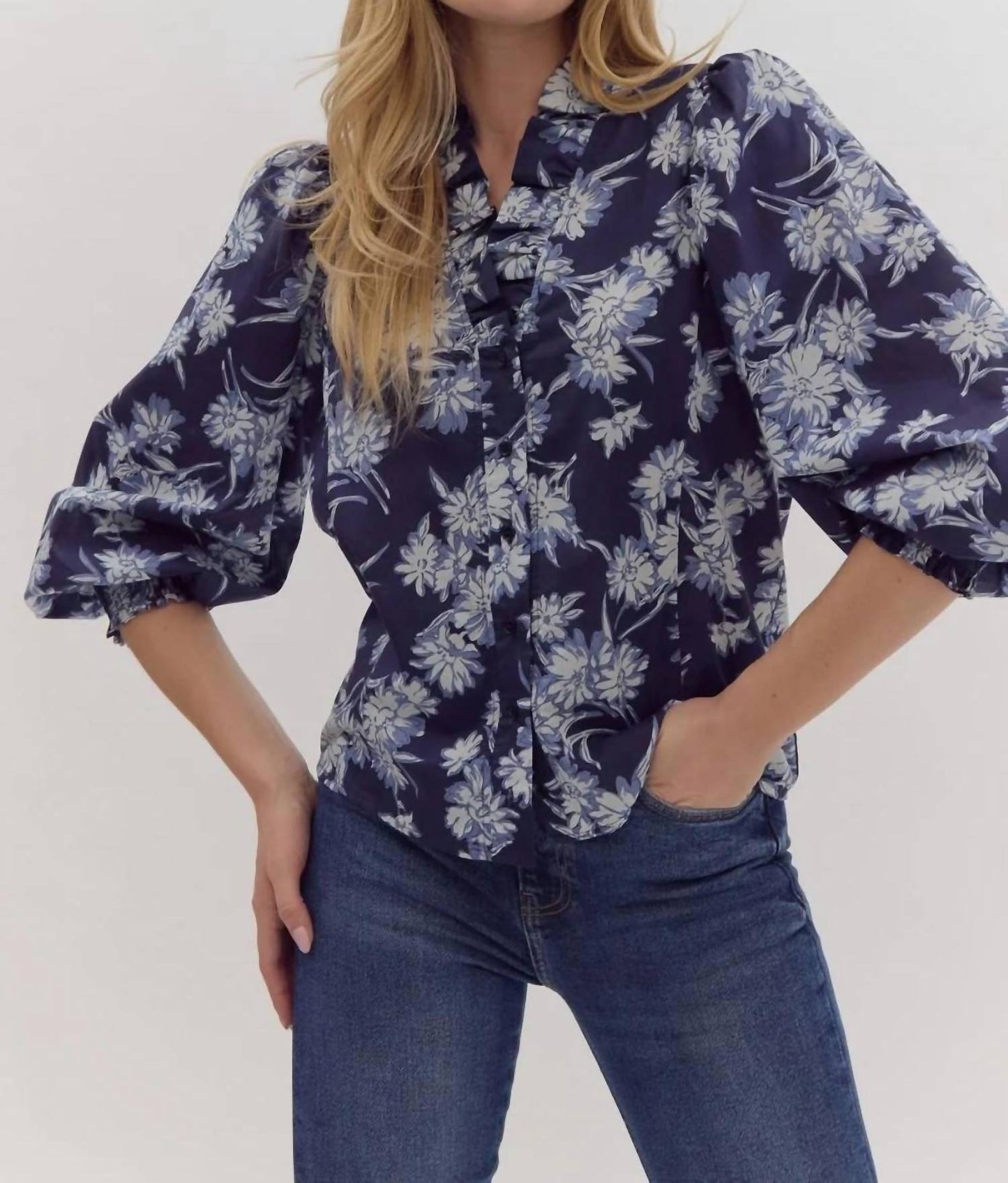 Entro - Ruffle Neck Floral Top