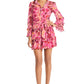 Donna Morgan Womens Tiered Ruffle Mini Dress Long Sleeve A Line Bell Cuffs Stand Collar Light Pink and Indian Red