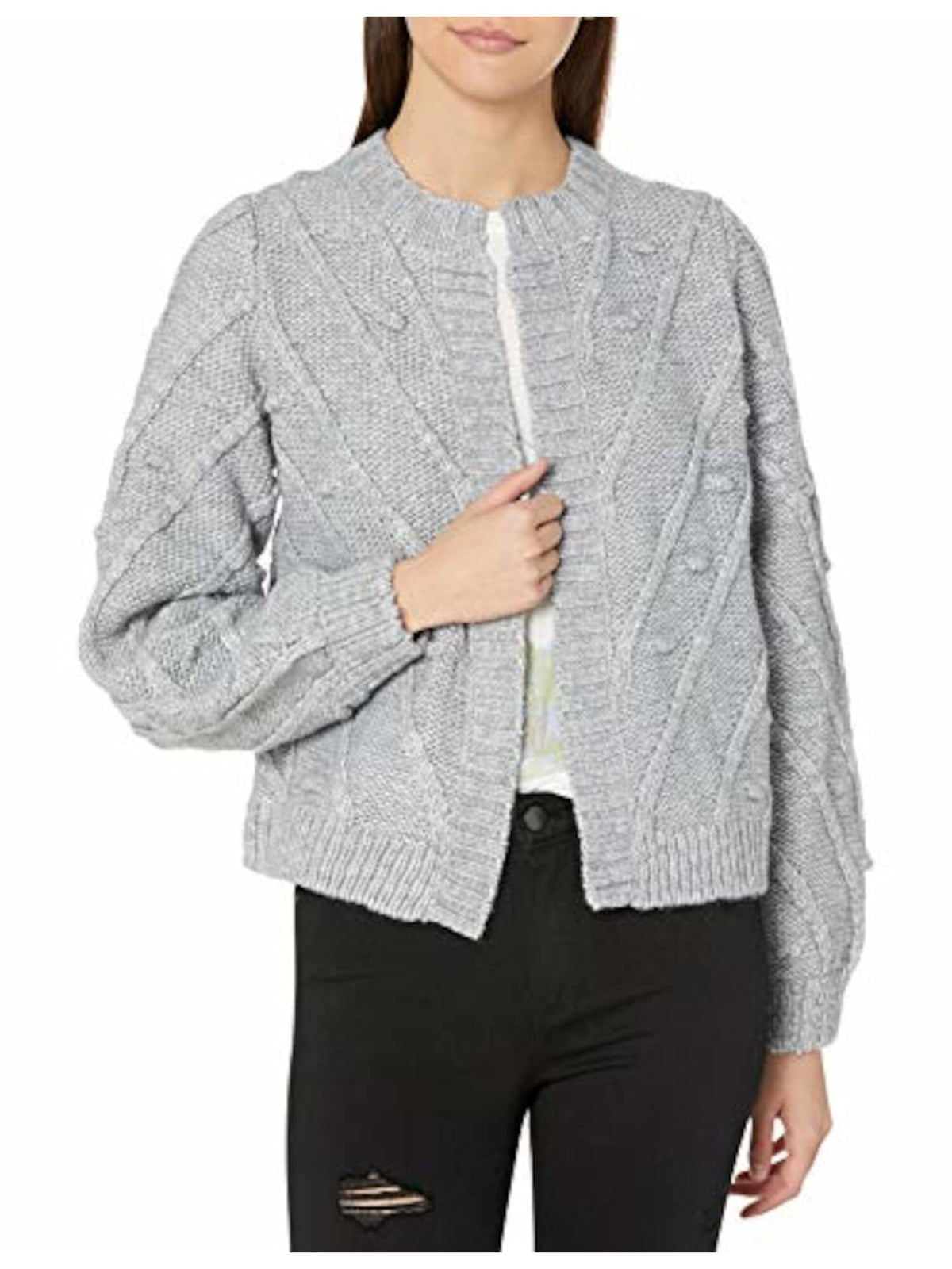 Lucky Brand Women's Crew Neck Bobble Knit Cardigan Sweater, Heather Grey, X Small