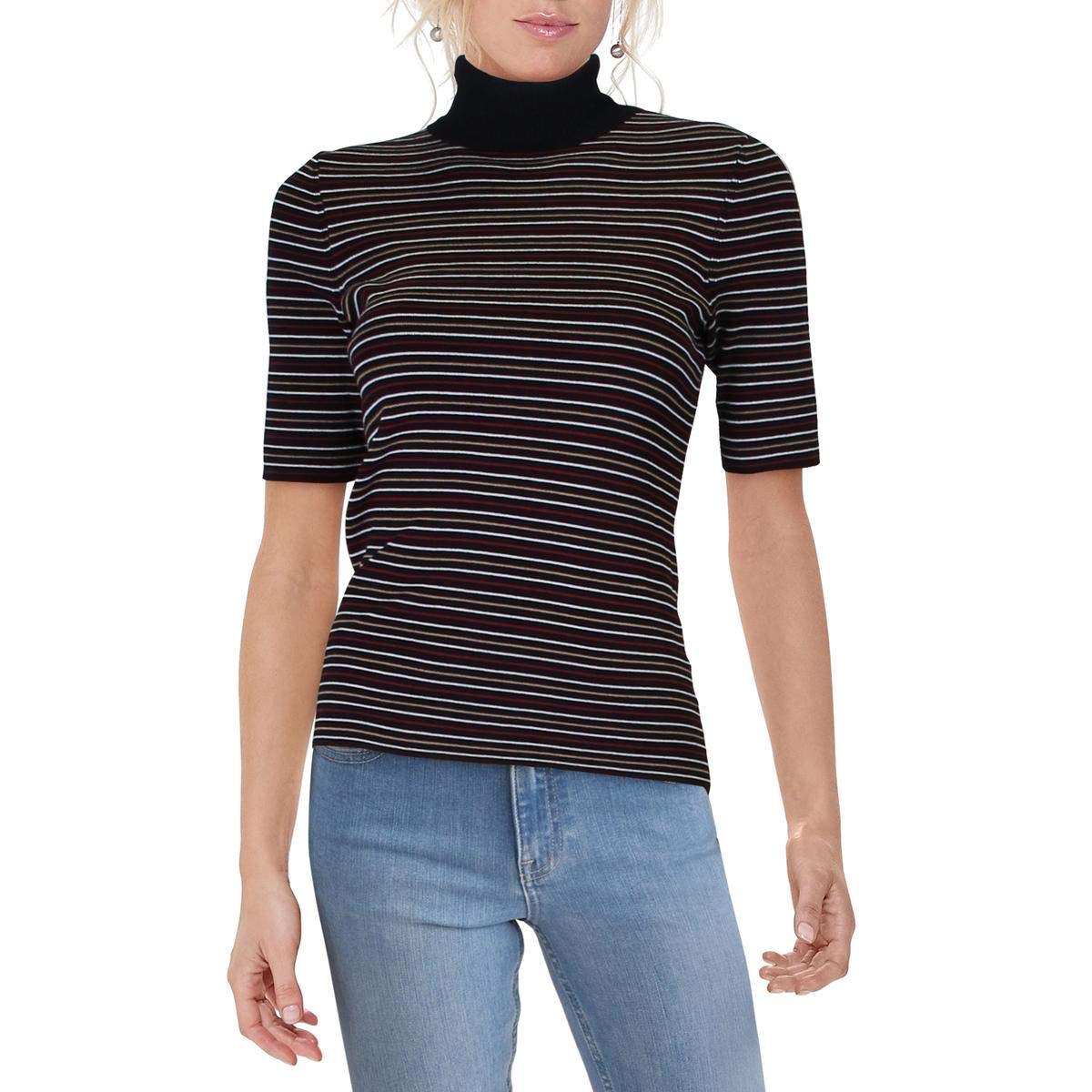Anne Klein Womens Striped Half Sleeve Top Black L
