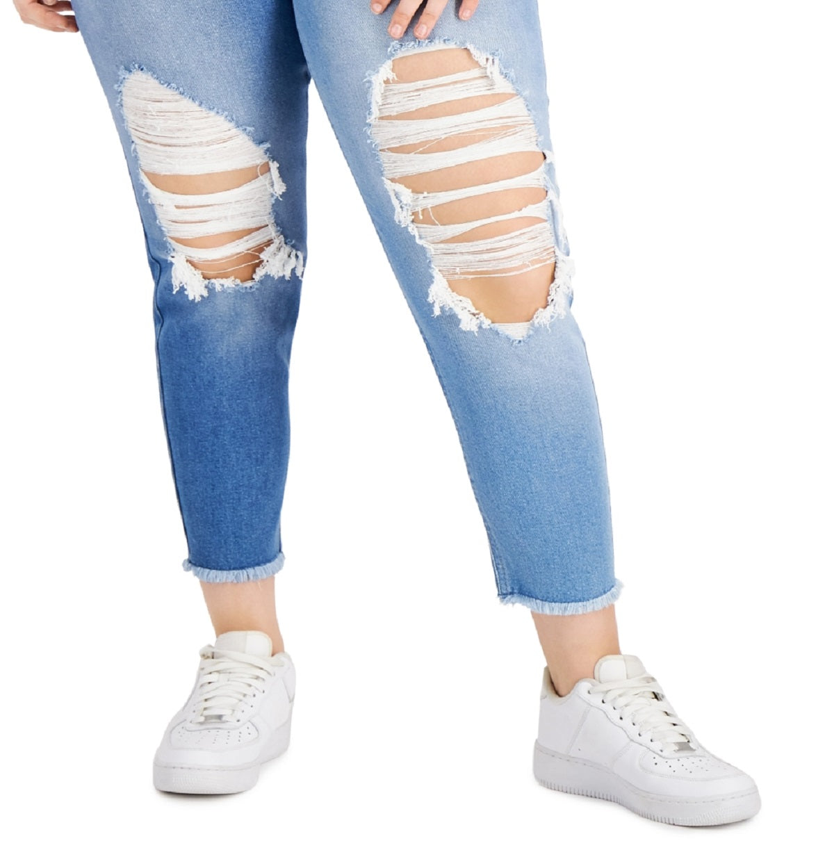 Tinseltown Trendy Women's Two Tone Destructed Mom Jeans Blue Size Petite Small