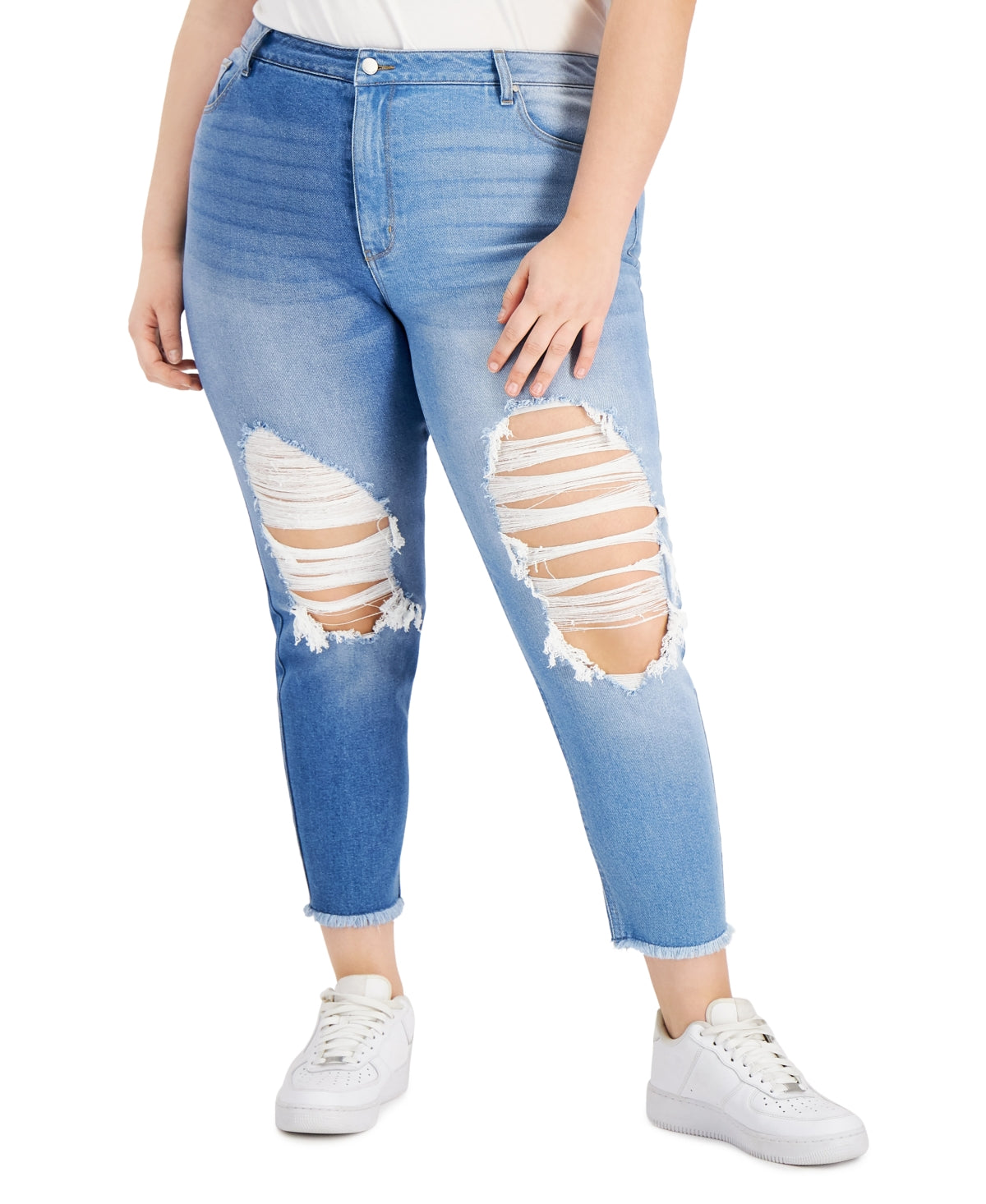 Tinseltown Trendy Women's Two Tone Destructed Mom Jeans Blue Size 18W