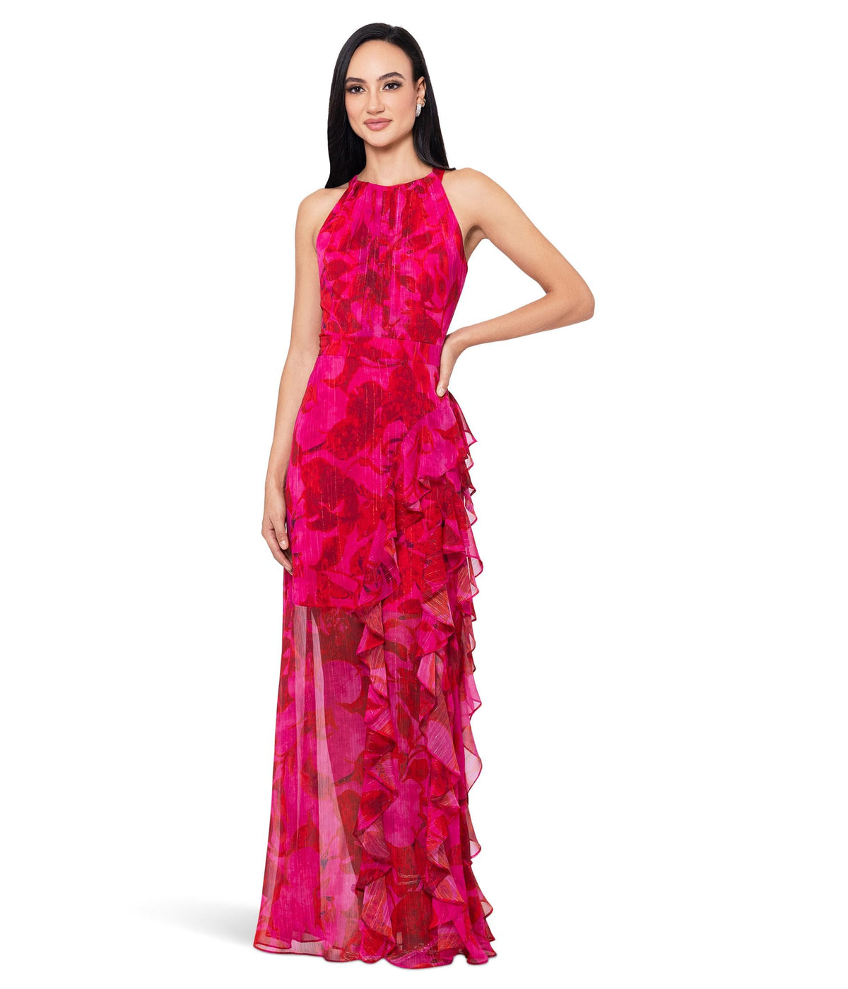 Betsy Adam Womens Sleeveless Halter Neck Floral Print Cascading Ruffle Tie Back Dress Fuchsia Poppy Size 8