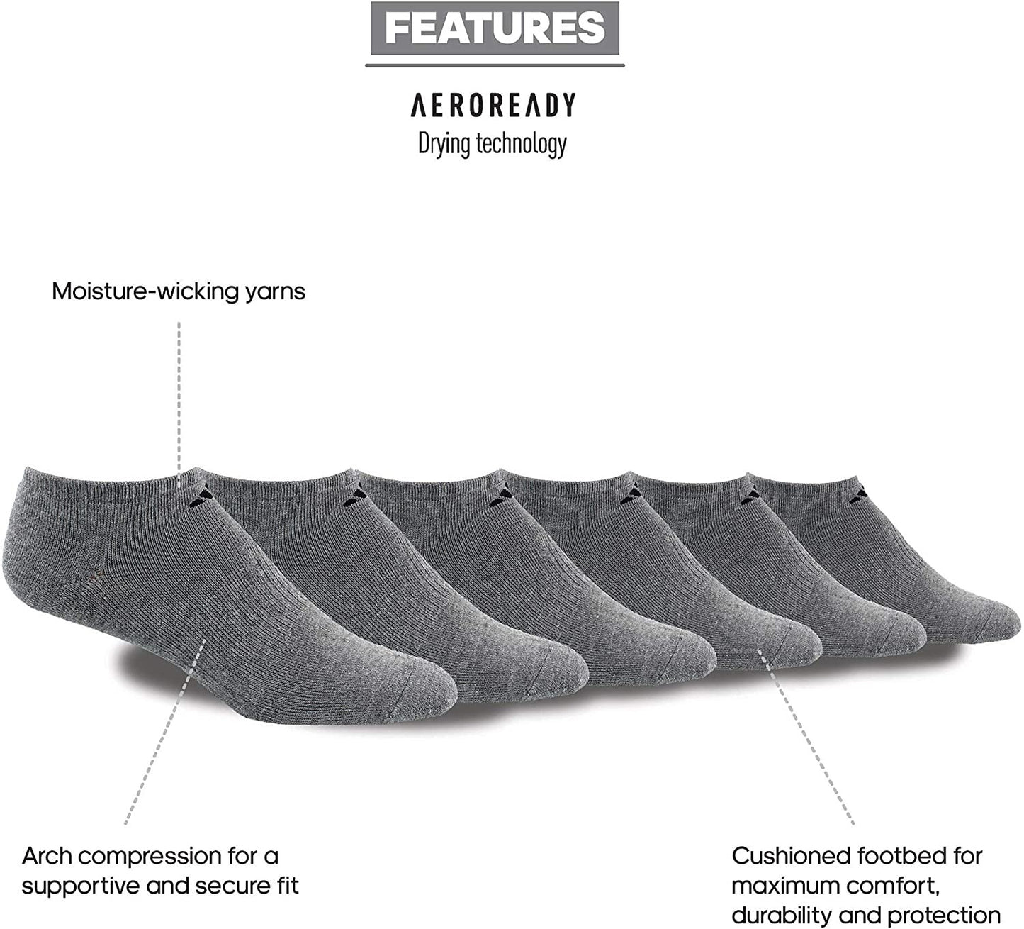 Adidas Men's Cushioned Athletic 6-Pack No Show Socks Gray Size  6-12