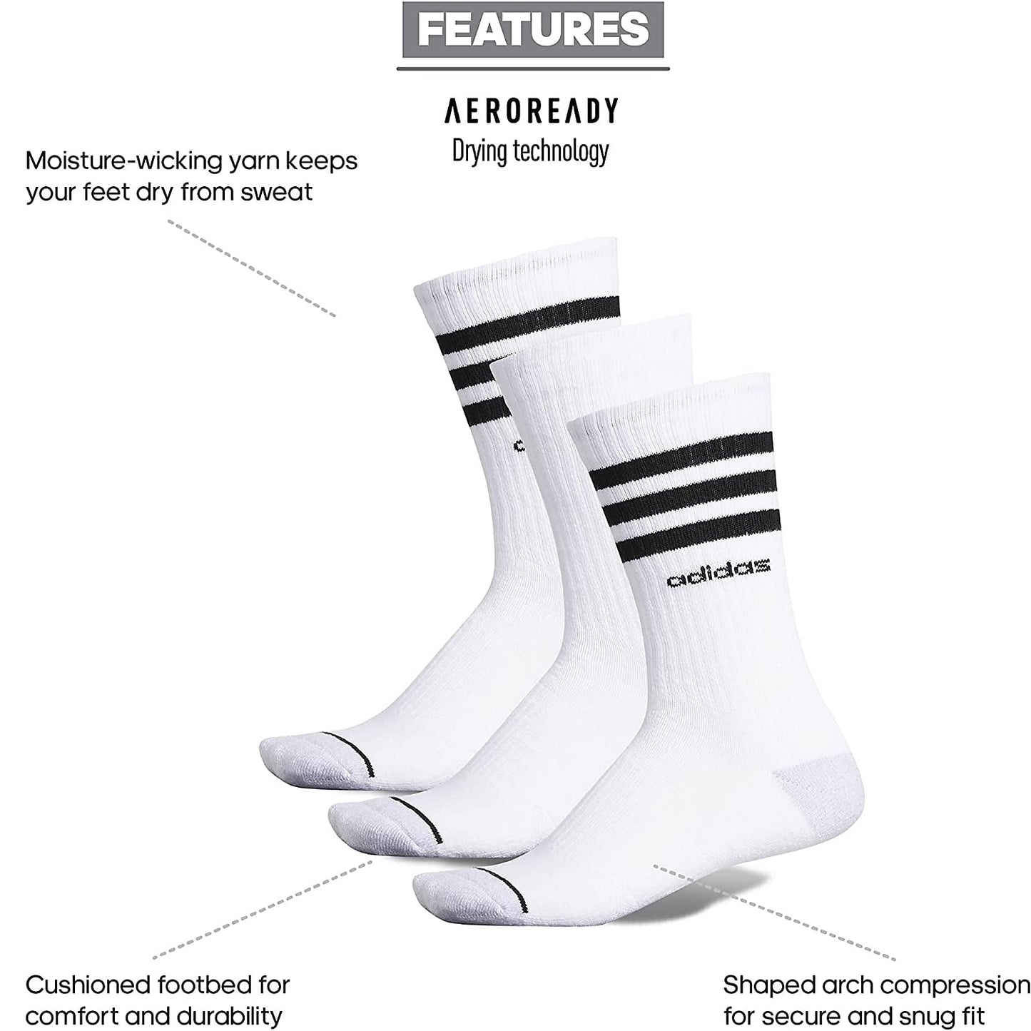 adidas Men's 3 Pk Crew Socks White Size 6-12