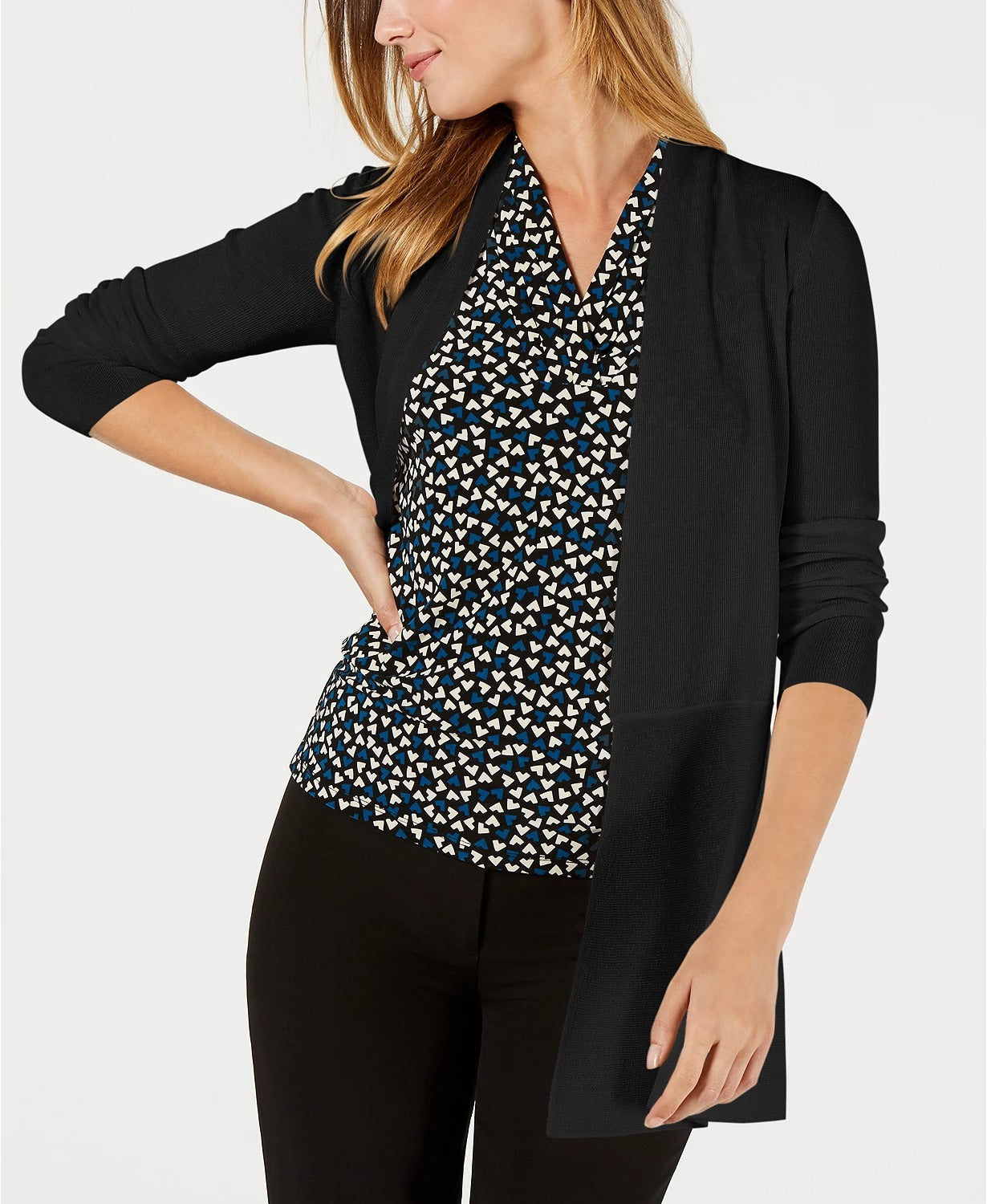 Anne Klein Women's Peplum Long Cardigan Black Size Small