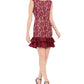 Donna Ricco Women's Bonded Lace Sheath Dress with Ruffle Trim Hem, Wine/Nude, 14