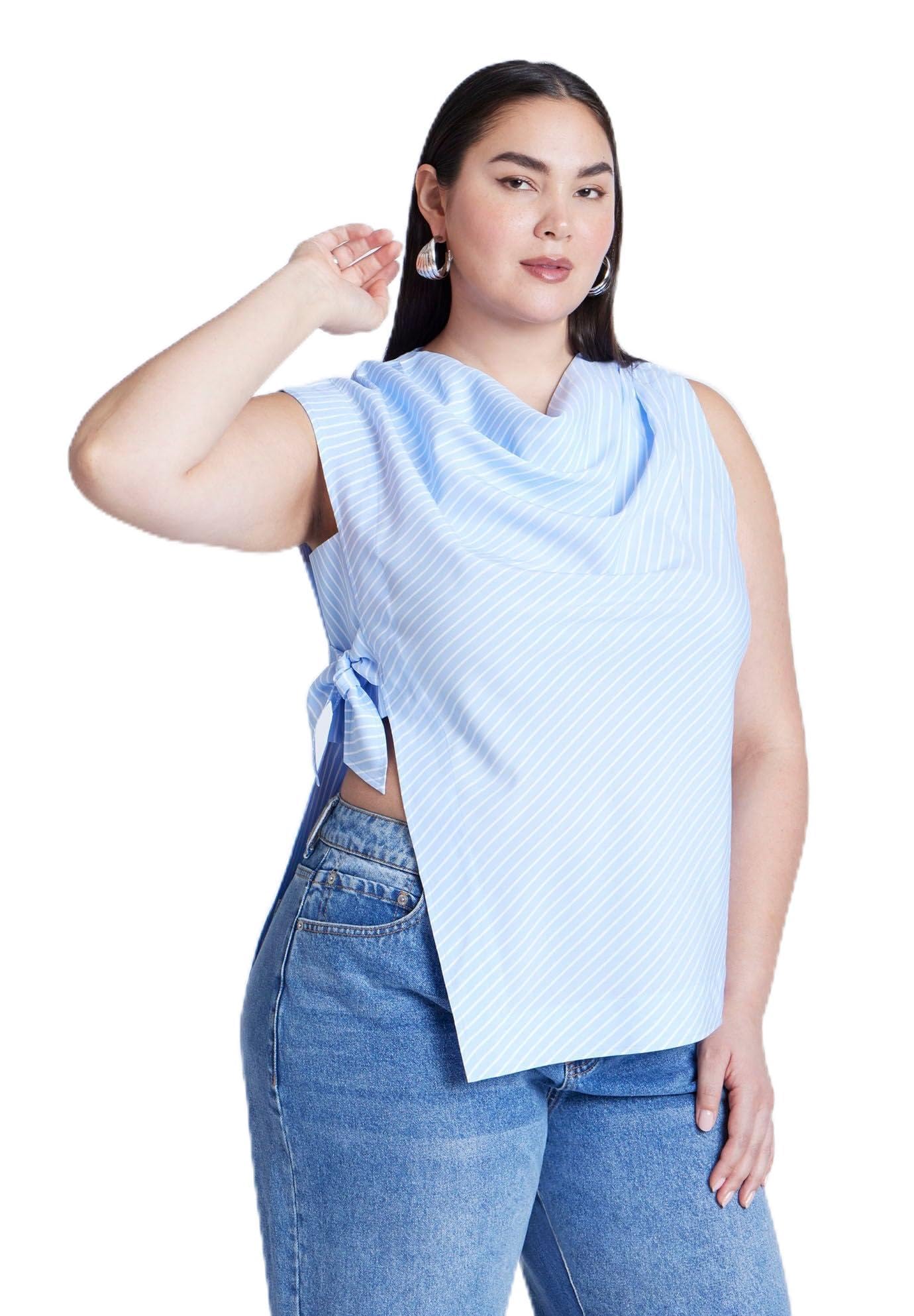 ELOQUII Women's Plus Size Asym Tie Top - 16, White On Blue
