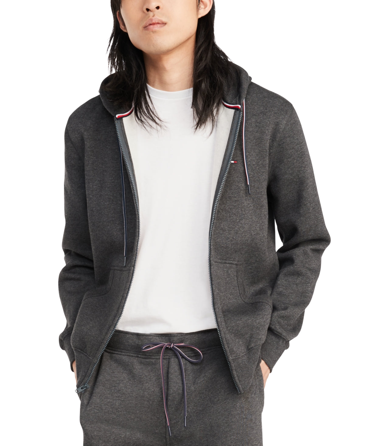 Tommy Hilfiger Men's Plains Drawstring Zip Up Hoodie Gray Size Size Large