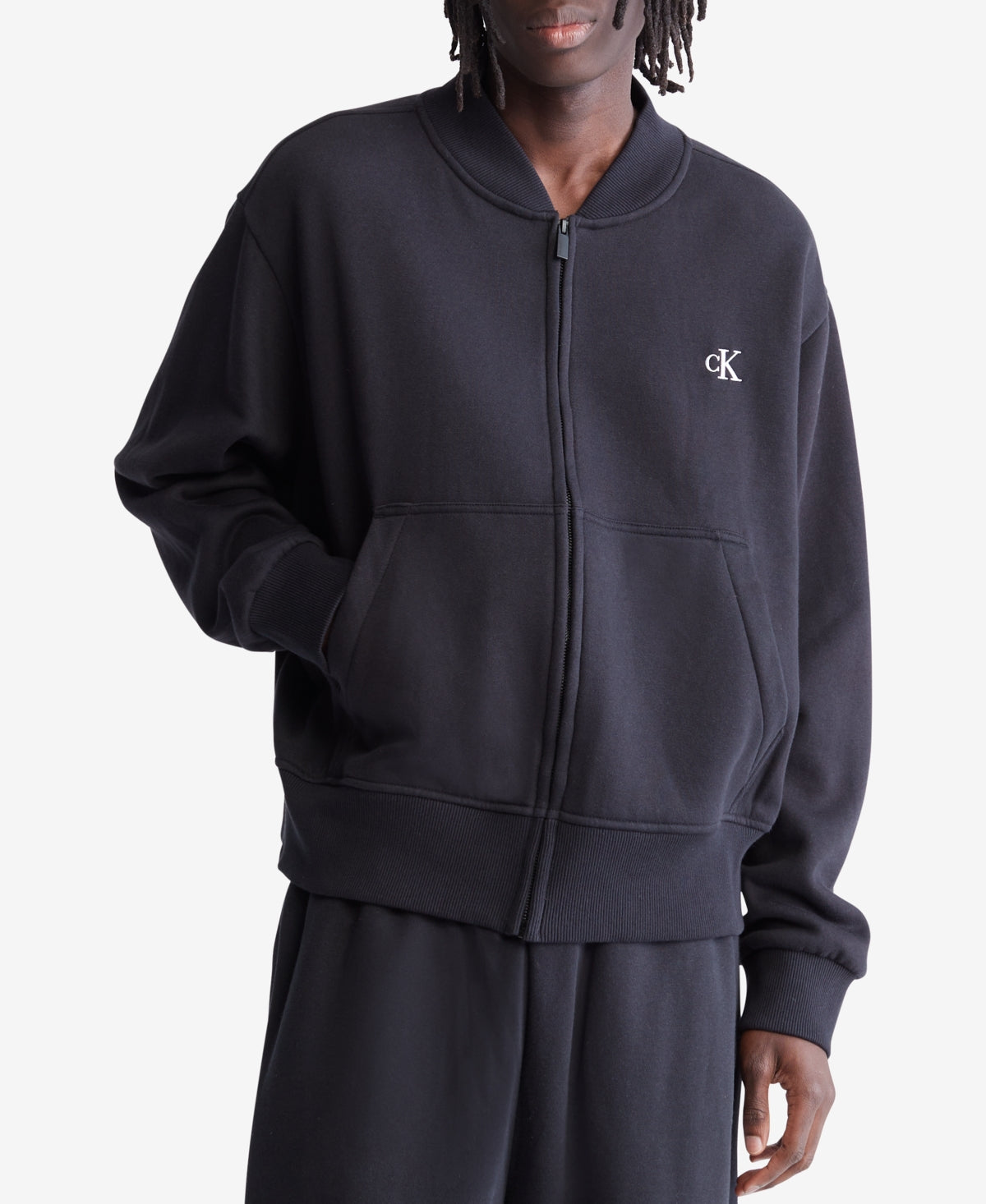 Calvin Klein Men's Relaxed Fit Archive Logo Fleece Bomber Jacket Black Size Large