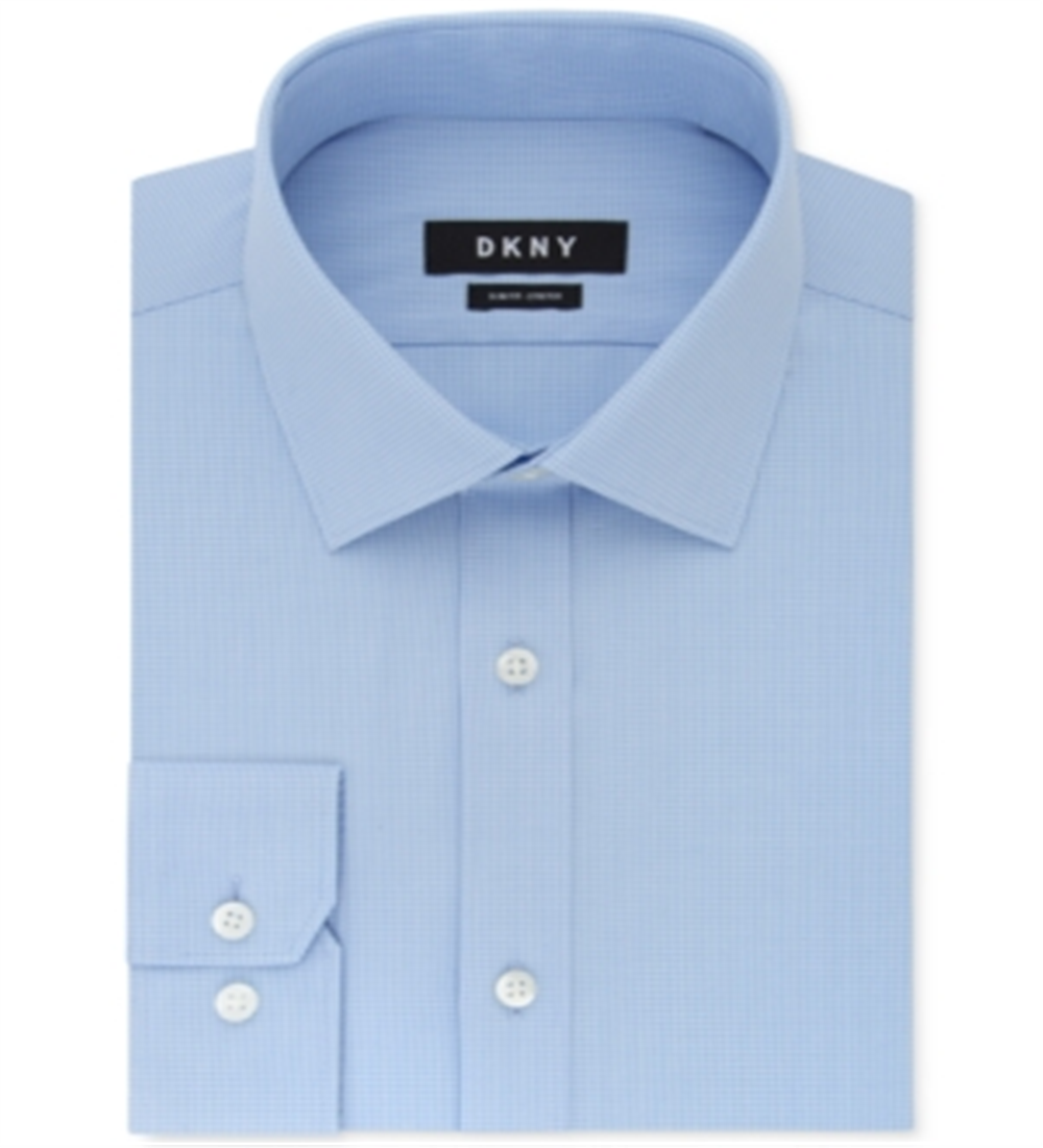 DKNY Men's Slim Fit Stretch Mini Check Dress Shirt Blue Size 16X34-35