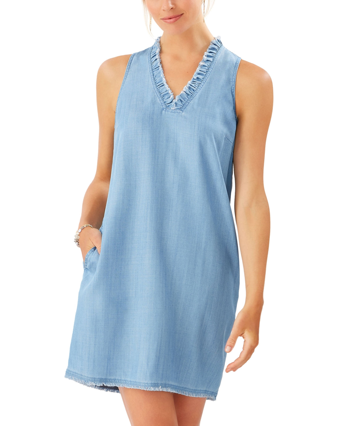 Tommy Bahama Women's Chambray Ruffle Shift Dress Blue Size Small