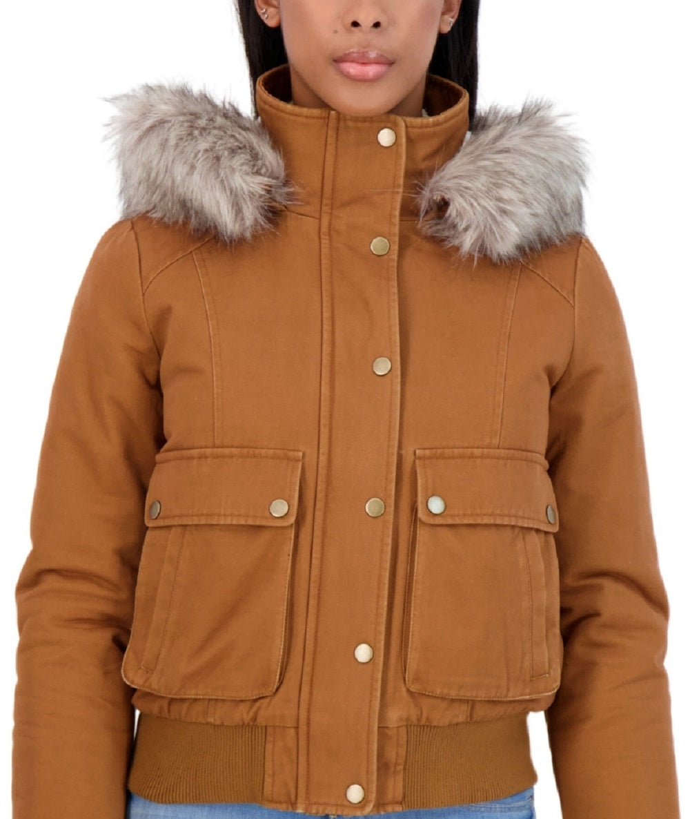 Sebby Junior's Faux Fur Trim Hooded Bomber Jacket Brown Size Medium