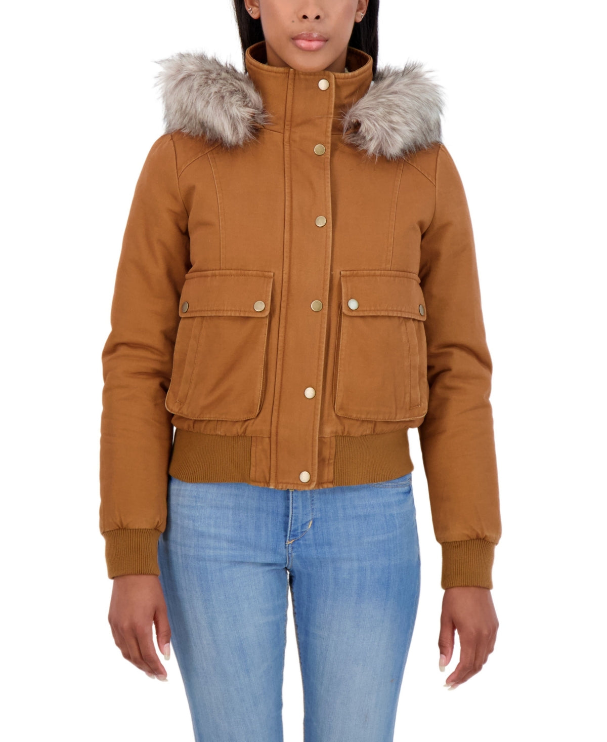 Sebby Junior's Faux Fur Trim Hooded Bomber Jacket Brown Size Medium