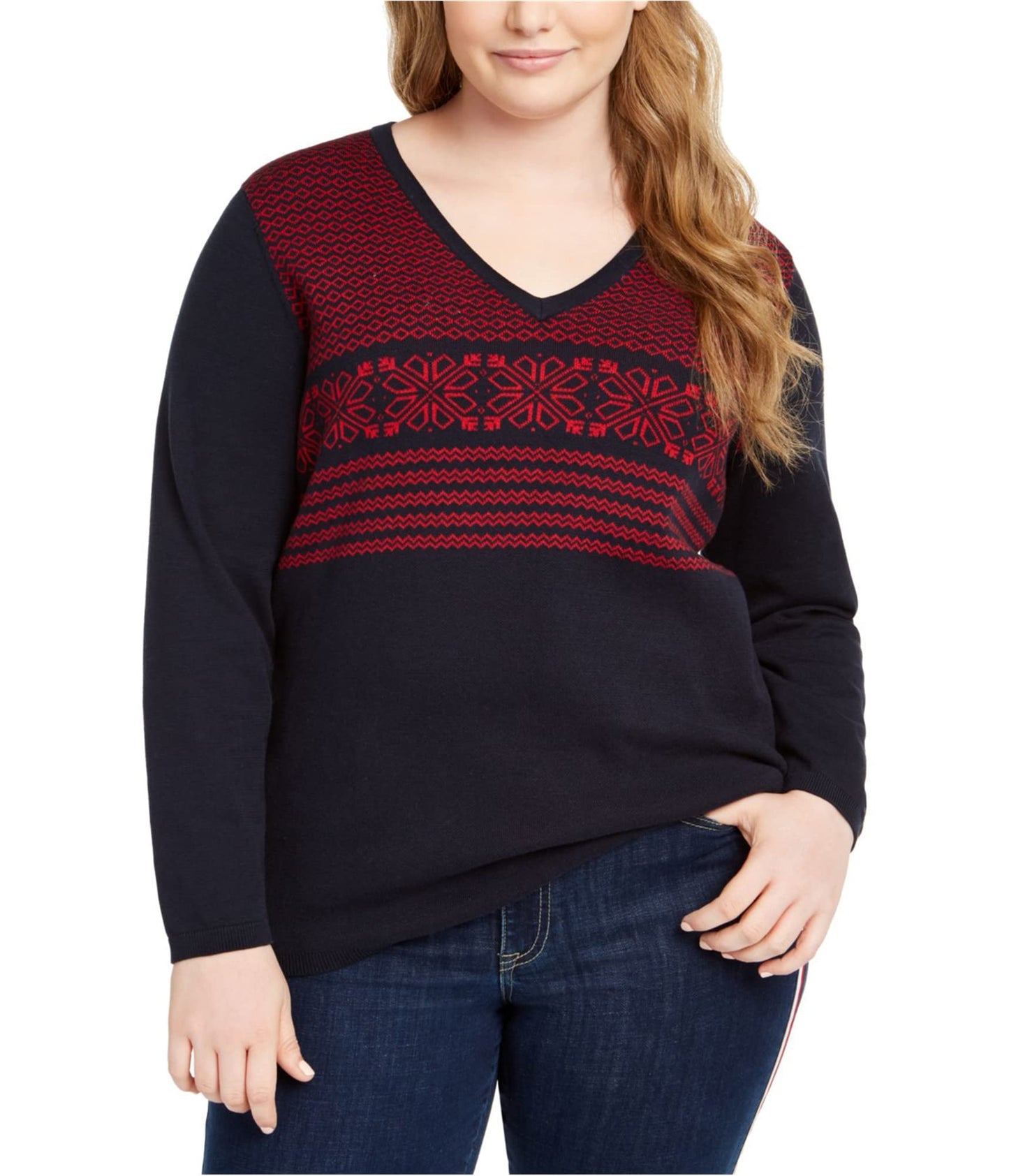 Tommy Hilfiger Womens Fair Isle Pullover Sweater, Blue, 0X