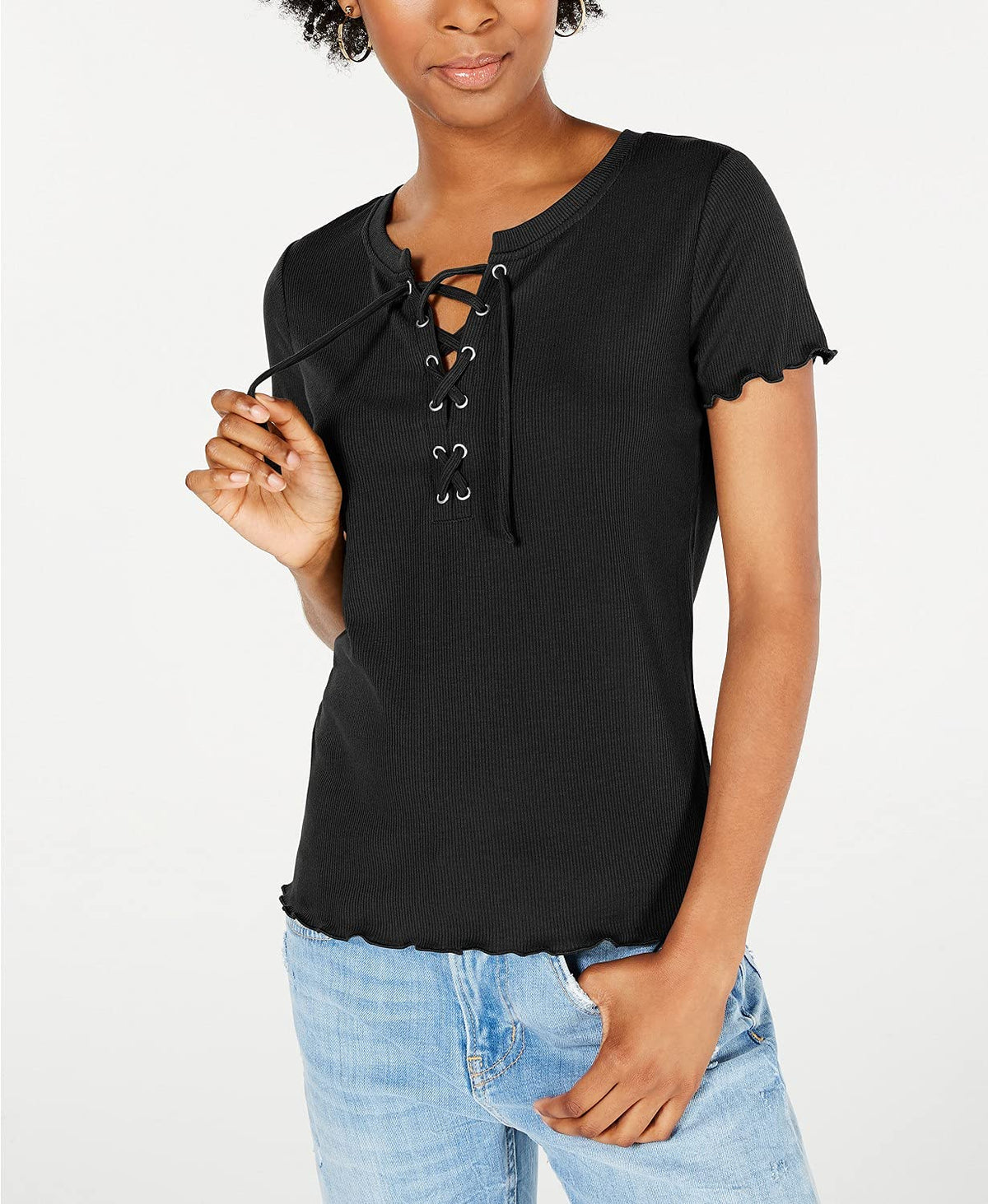 Hippie Rose Juniors' Lace Up Rib Knit Top Black Size Small