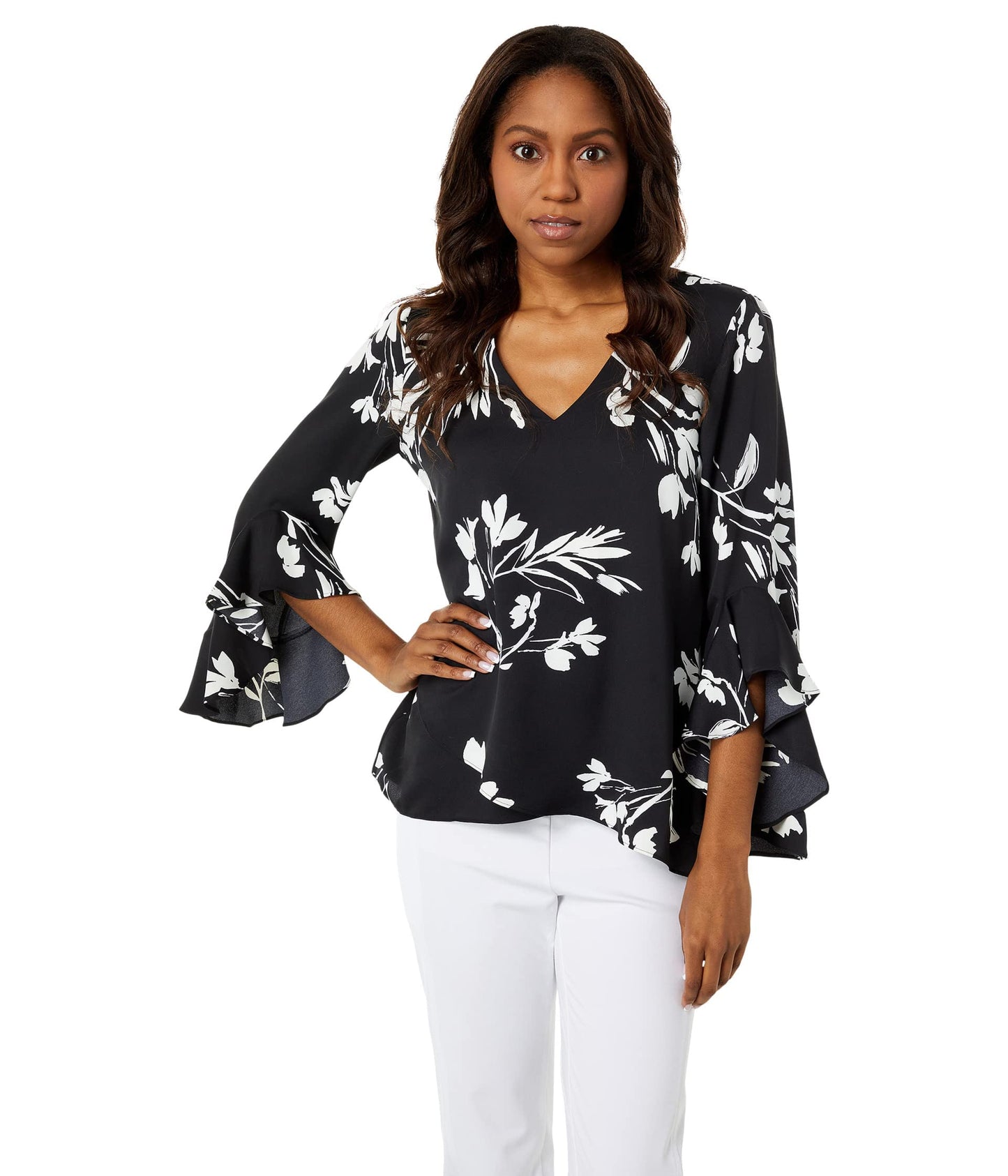 Vince Camuto Flutter Sleeve Floral Whisps V-Neck Tunic Rich Black LG