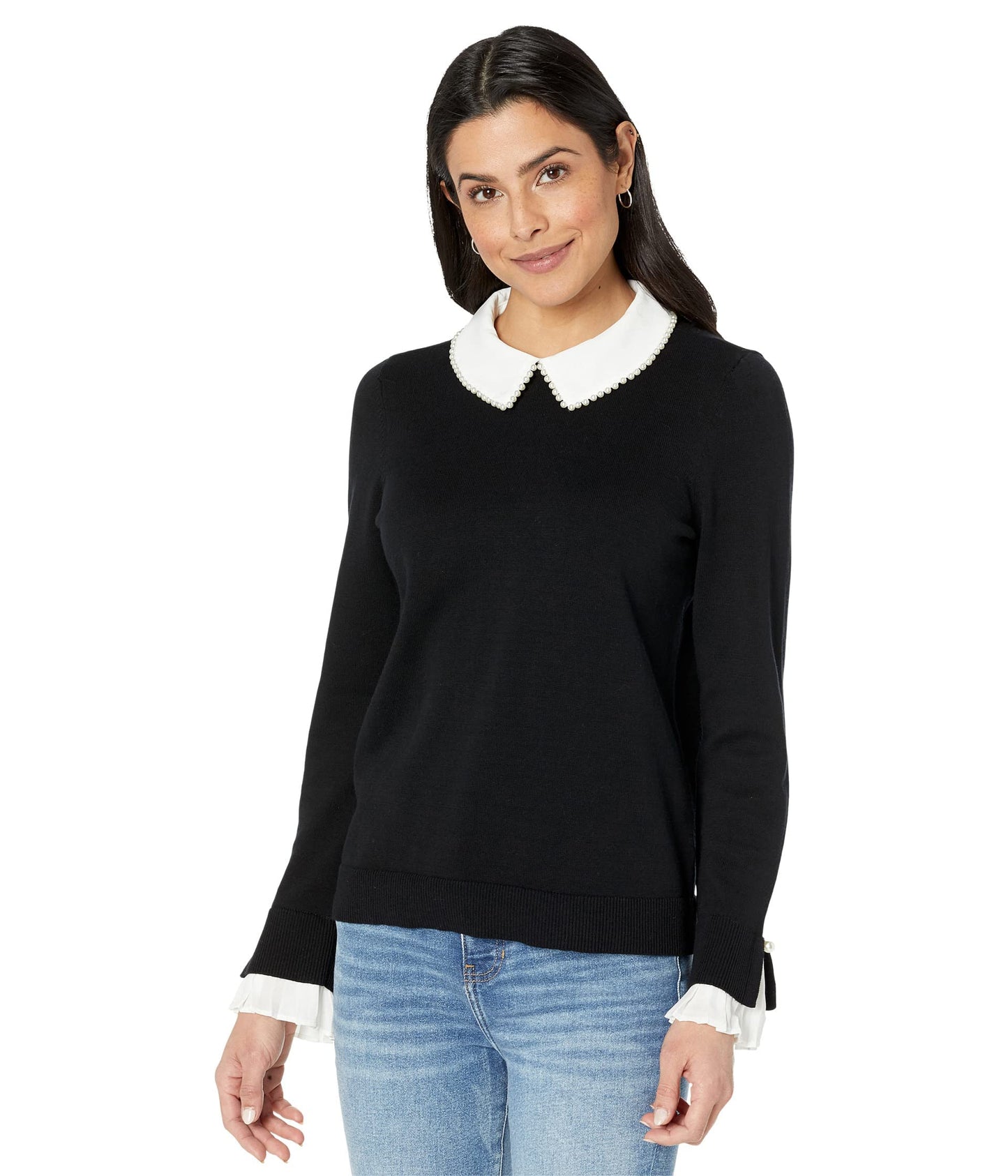 CeCe Womens Ribbed Trim Cuff Sleeves Pullover Sweater B/W L Rich Black