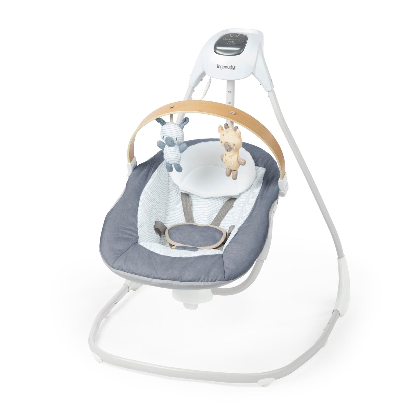 Ingenuity SimpleComfort कॉम्पैक्ट सूदिंग स्विंग, घूमने वाला टॉय बार, घूमने वाली सीट, 6 स्पीड, 0-9 महीने तक के लिए, 20 पाउंड तक - चैम्ब्रे
