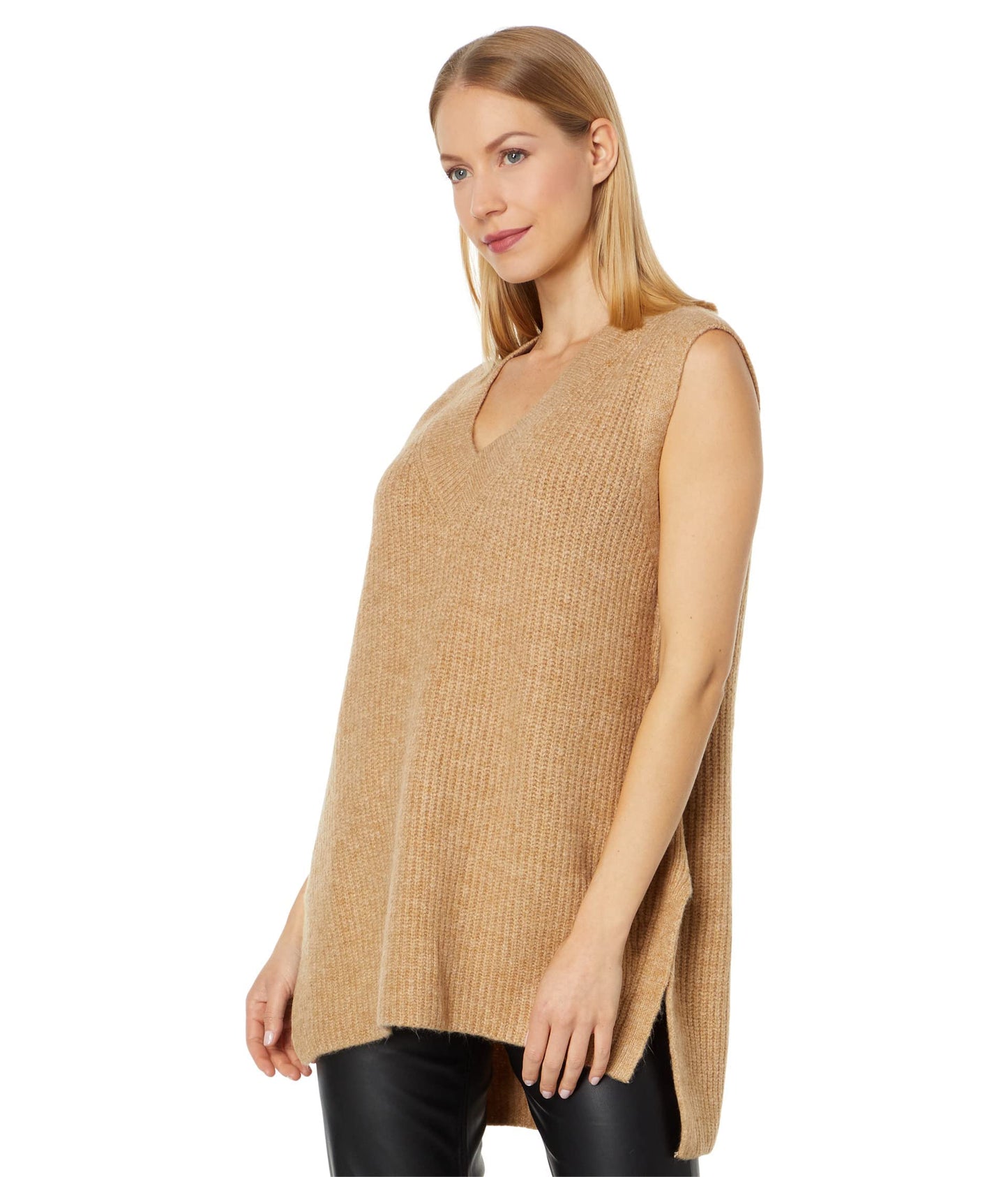 Vince Camuto Shaker Vest V-Neck with High-Low Hem Latte Heather SM