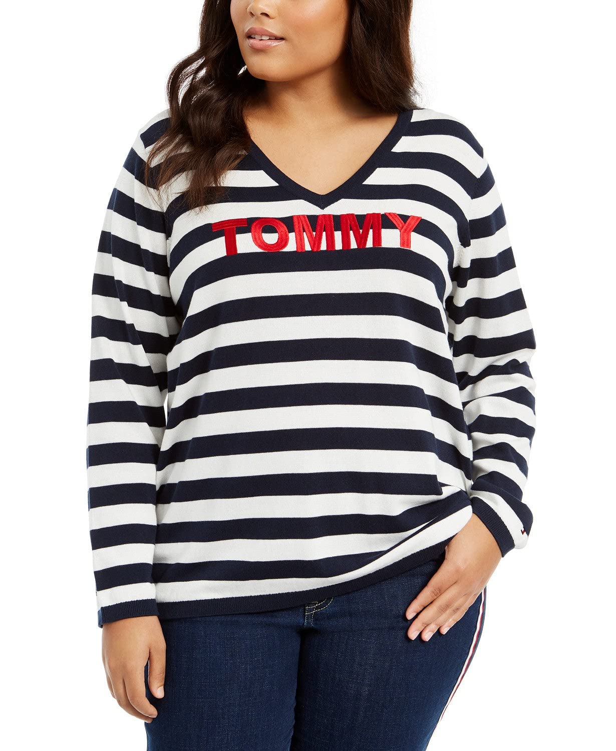 Tommy Hilfiger Womens Blue Embroidered Striped Printed Long Sleeve V Neck Sweater Size 0X