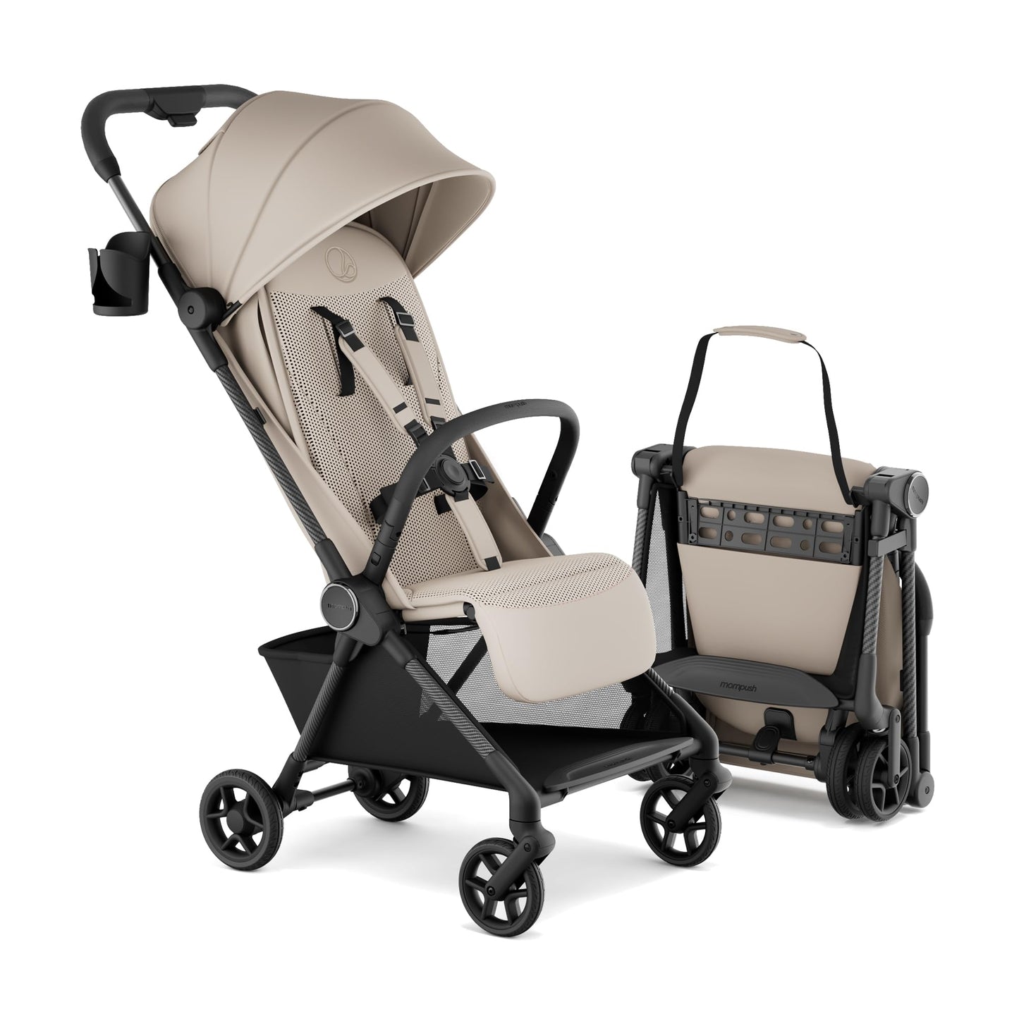 Mompush Nexis Carbon Travel Stroller UltraLightweight 11.5 lbs Compact Airplane CarryOn Approved OneSecond AutoFold OneHand Full Recline from Birth to 50 lbs JPMA Certified Khaki