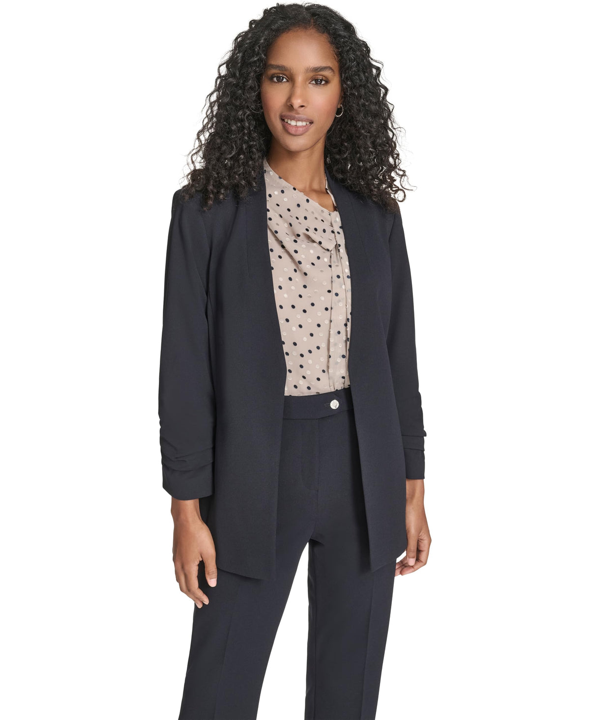 Calvin Klein Womens Collarless Open Front Ruched Sleeve Blazer Navy 6