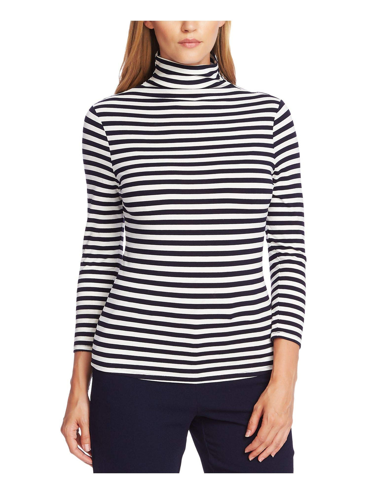 Vince Camuto 3/4 Sleeve Mock Neck Pool Side Stripe Top Caviar SM