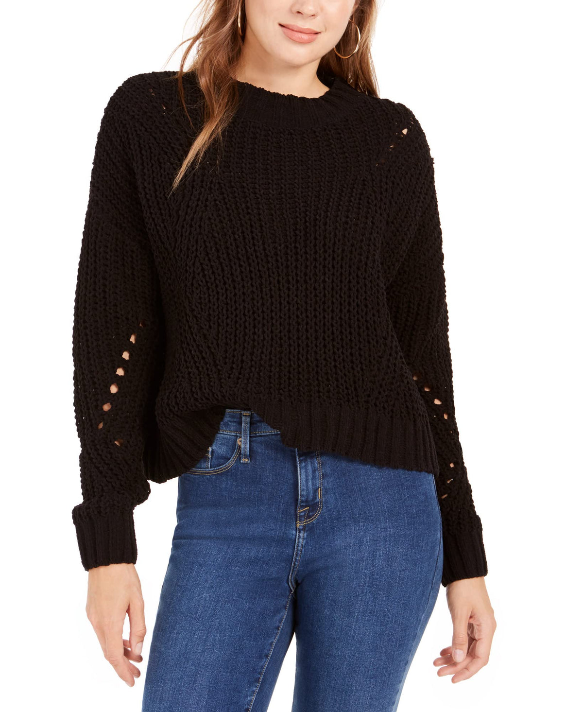 Wynter Womens Open Stitch Mockneck Crop Sweater Black S