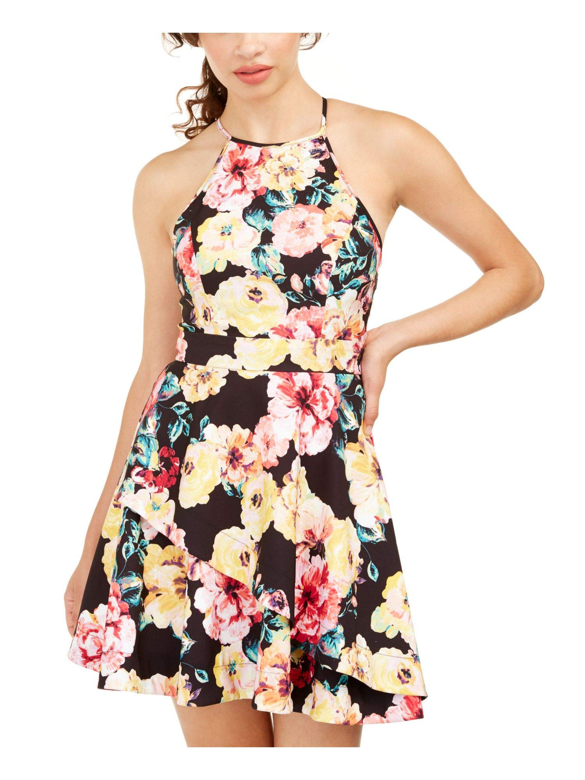 Speechless Womens Floral Halter Fit & Flare Dress Black 11