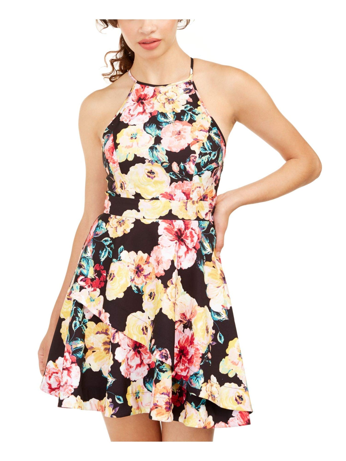 Speechless Womens Floral Halter Fit & Flare Dress Black 3