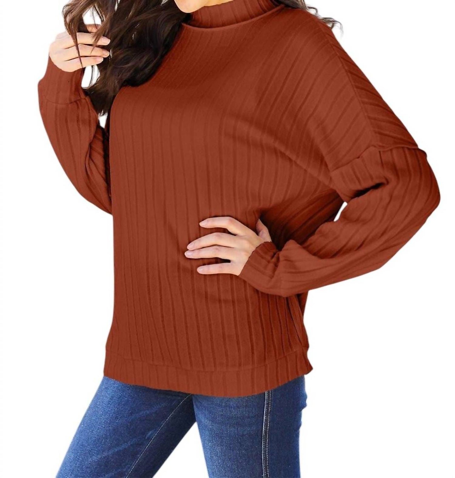 Basic Bae - Sleek Ribbed Mock Neck Knit Top