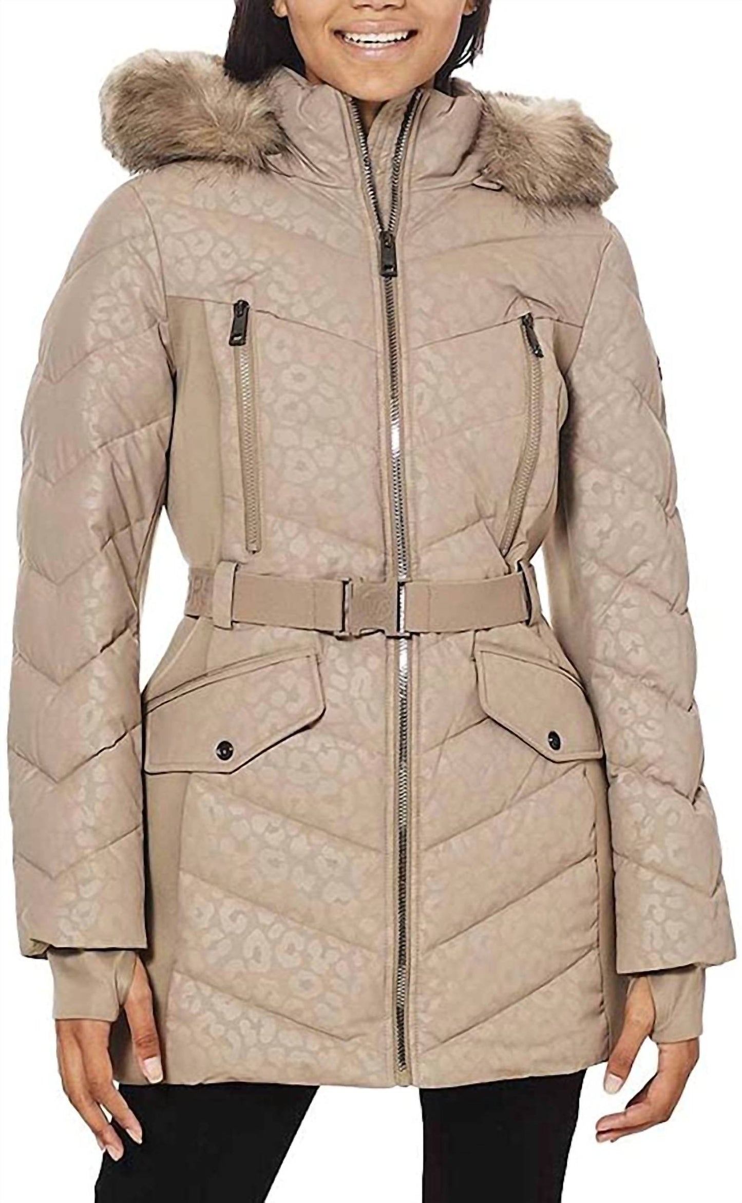Michael Kors - Logo Leopard Belted Hood Puffer Coat