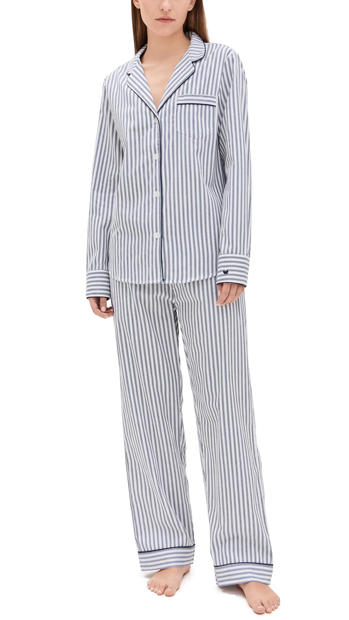 Petite Plume Women's French Ticking Twill Pajama Set, White/Navy, S