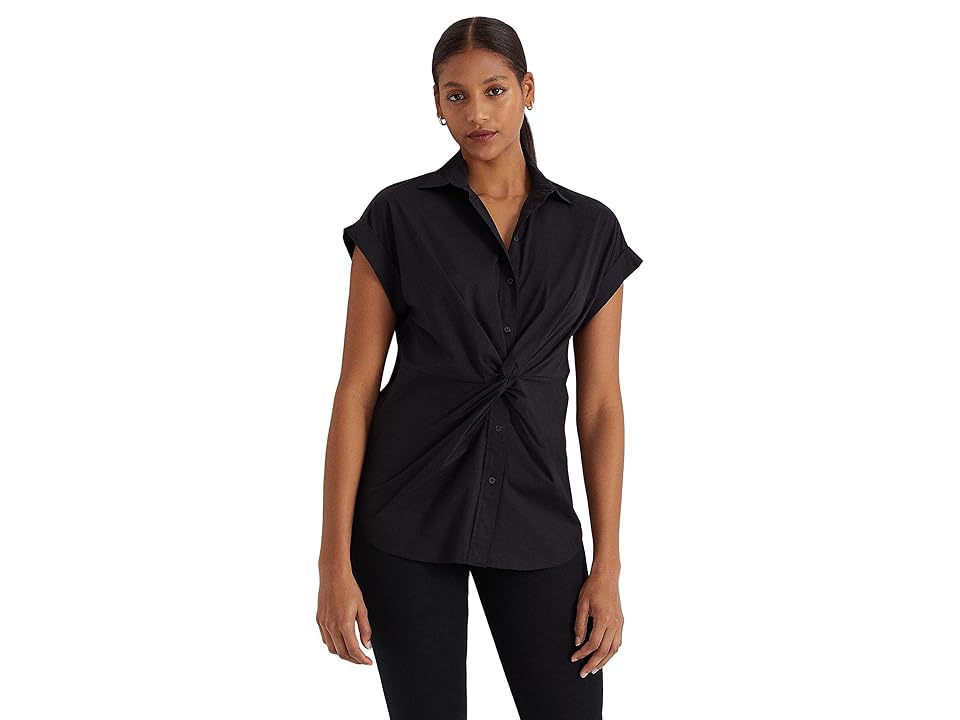 LAUREN Ralph Lauren Twist-Front Cotton Short Sleeve Shirt (Black) Women's Clothing