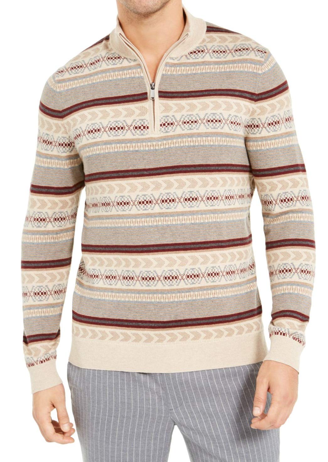 Tasso Elba Mens Sweater 1/2 Zip Geo Striped Rib Trim Beige 2XL