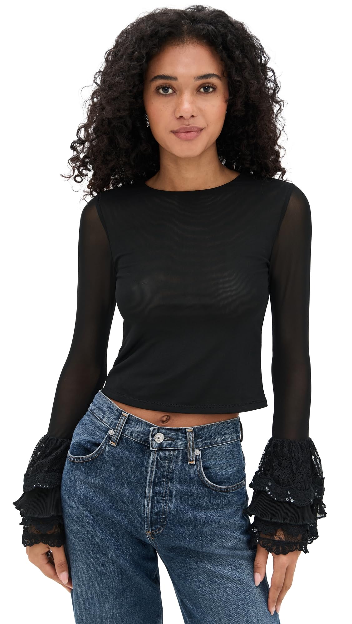 alice olivia Womens Delaina Crop Top with Ruffle Cuffs Black XS