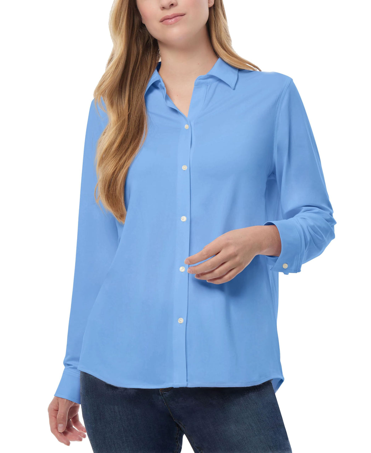 Jones New York Womens Petite Collared Button Front Shirt Blue Horizon Petite Medium