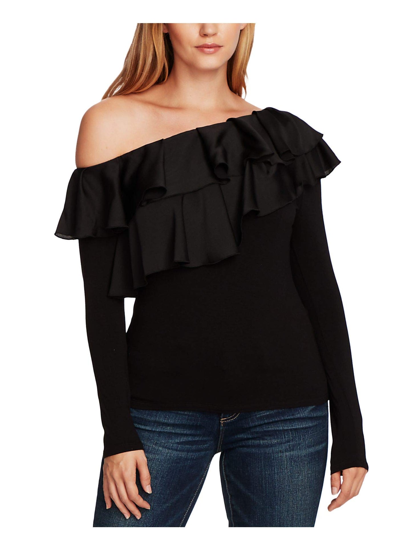 Vince Camuto Women's Ruffled Long Sleeve Off Shoulder Top Black Size Petite XS