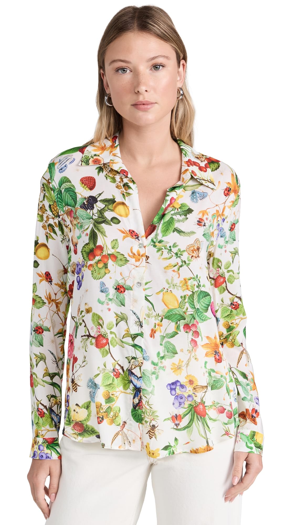 LAGENCE Womens Holly Long Sleeve Botanical Floral Blouse White Multi M