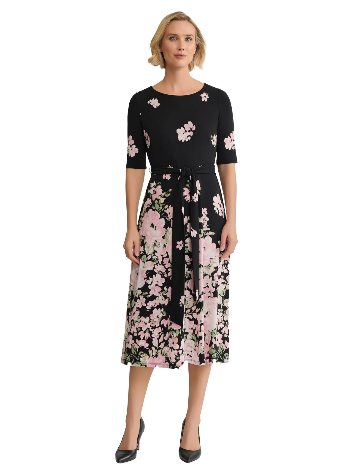 Kasper Petite Short Sleeve Printed Jersey Fit and Flare Belted Dress